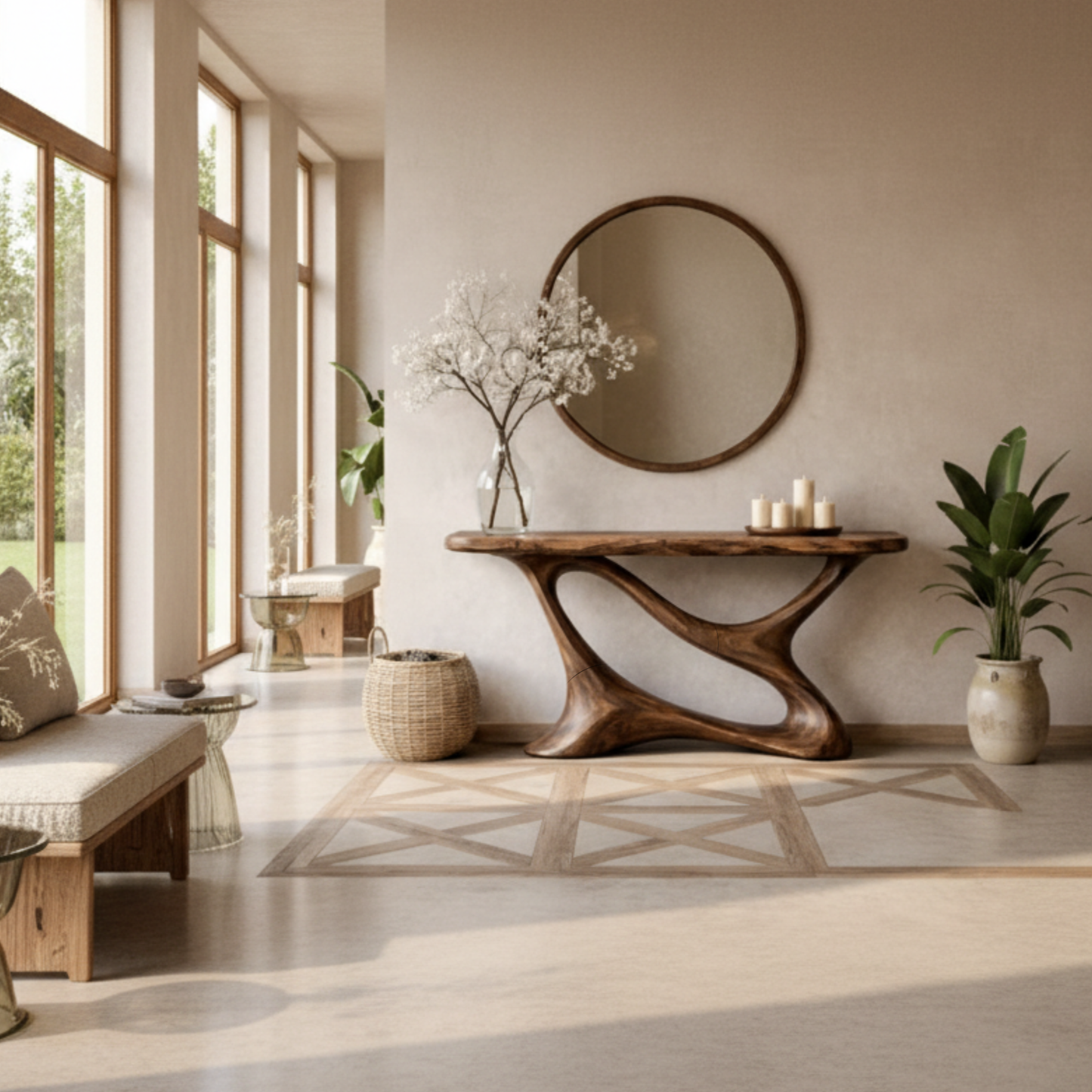 Organic Modern Solid Wood Console Table – Sculpted Curved Luxury Design