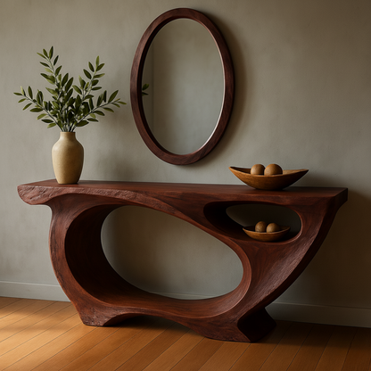 Luxury Sculptural Console Table – Handmade Solid Wood Console with Live Edge Style