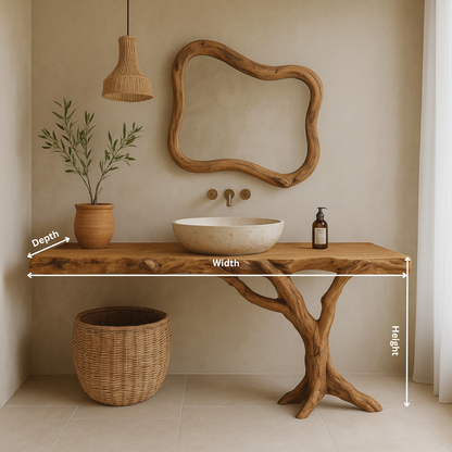 Live-Edge Solid Wood Bathroom Vanity with Natural Tree-Branch Base