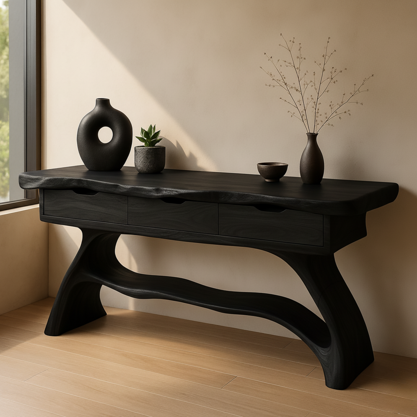 Luxury Live Edge Console Table – Handmade Solid Wood Console with Sculptural Design