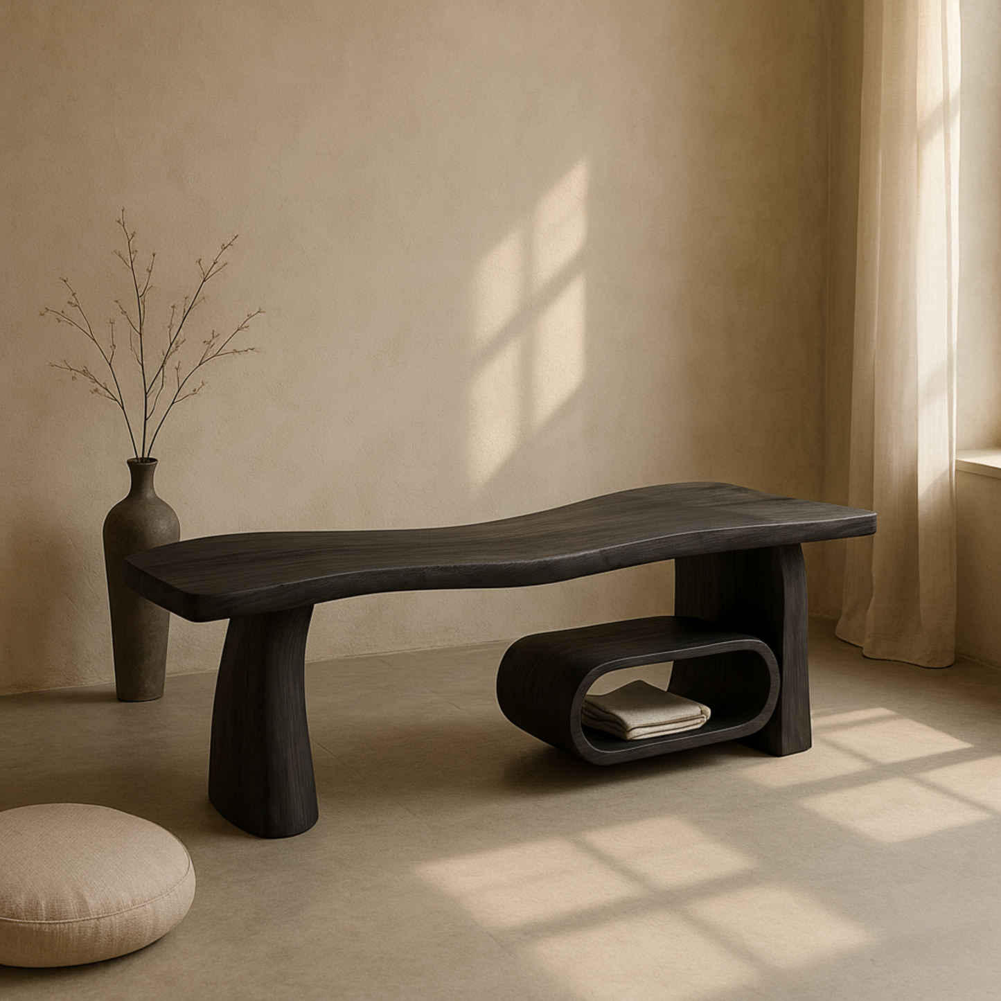 Sculptural Wood Bench for Entryway & Living Room