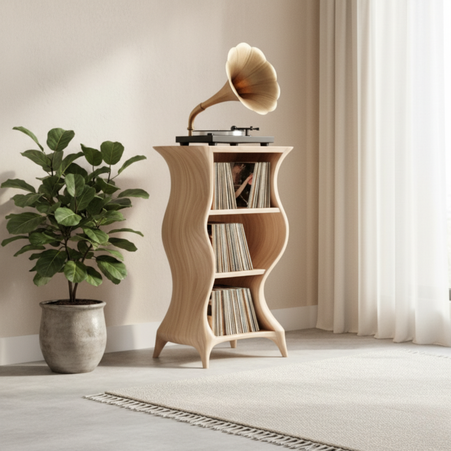 Organic Modern Record Player Cabinet – Sculpted Solid Wood Turntable Stand