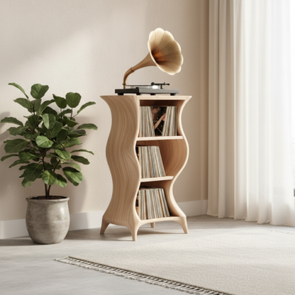 Organic Modern Record Player Cabinet – Sculpted Solid Wood Turntable Stand