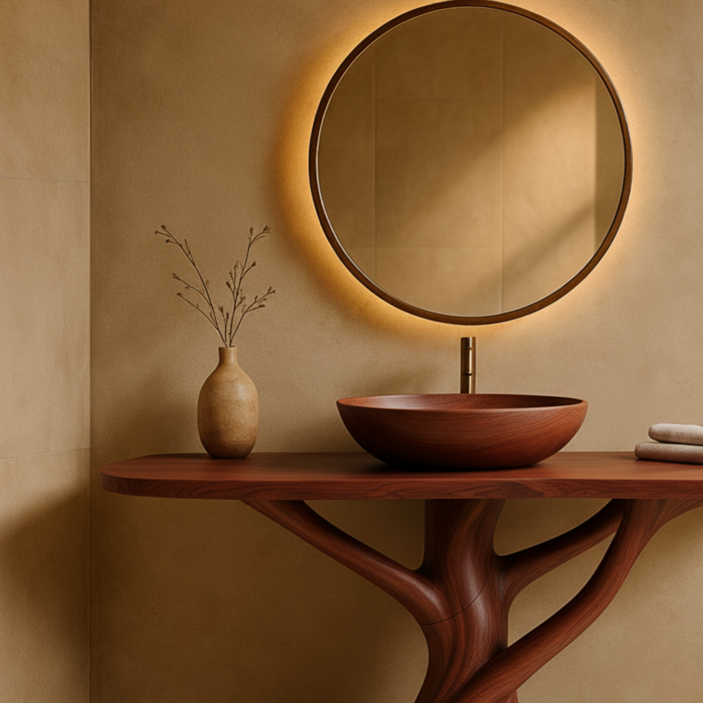 Solid Wood Bathroom Vanity with Sculptural Intertwined Base