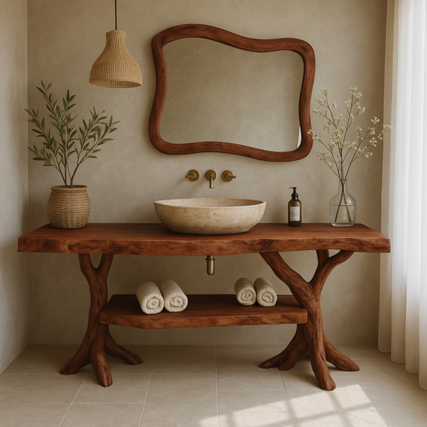Organic Live-Edge Solid Wood Bathroom Vanity with Sculptural Tree Trunk