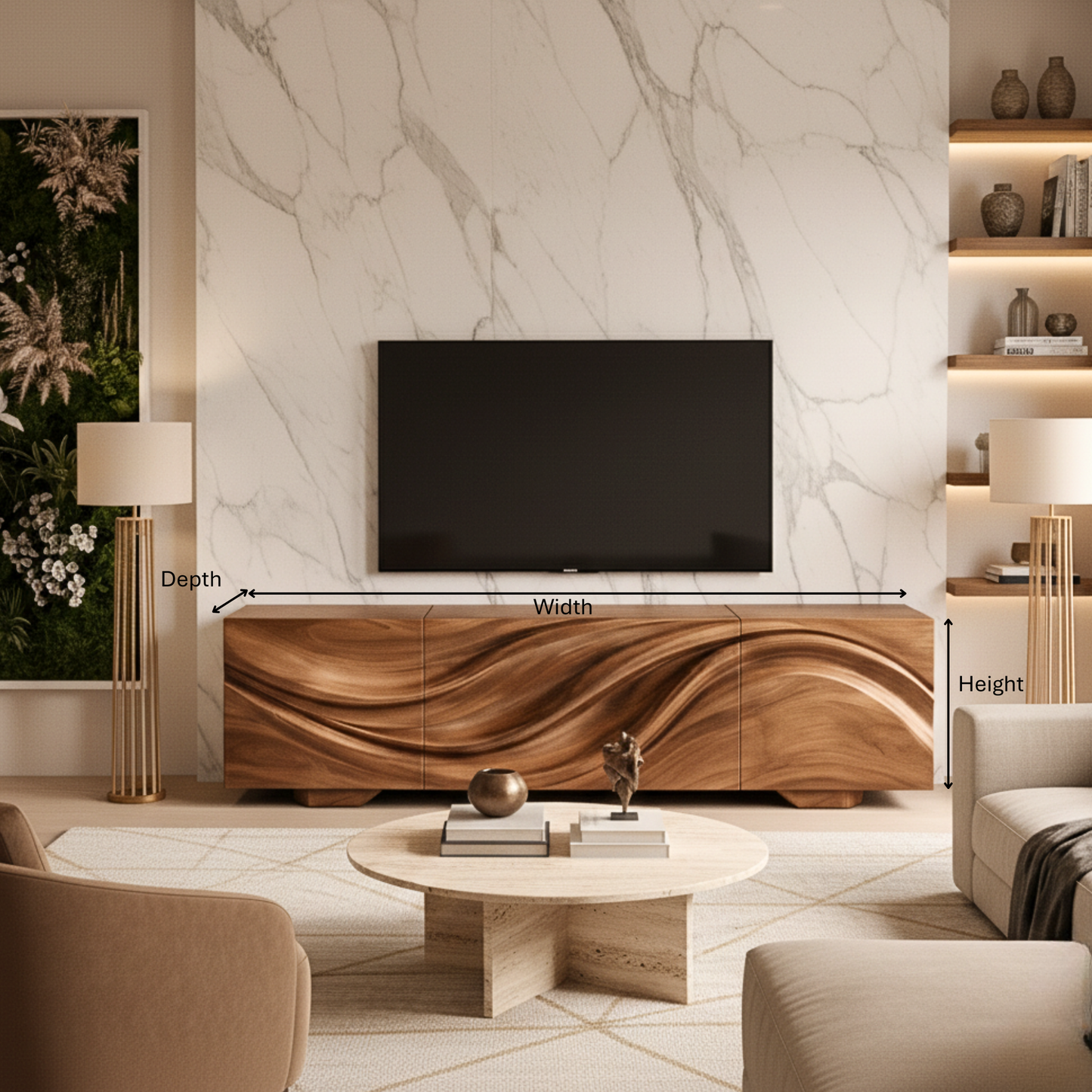 Wave-Pattern Solid Wood TV Console – Sculptural Media Cabinet