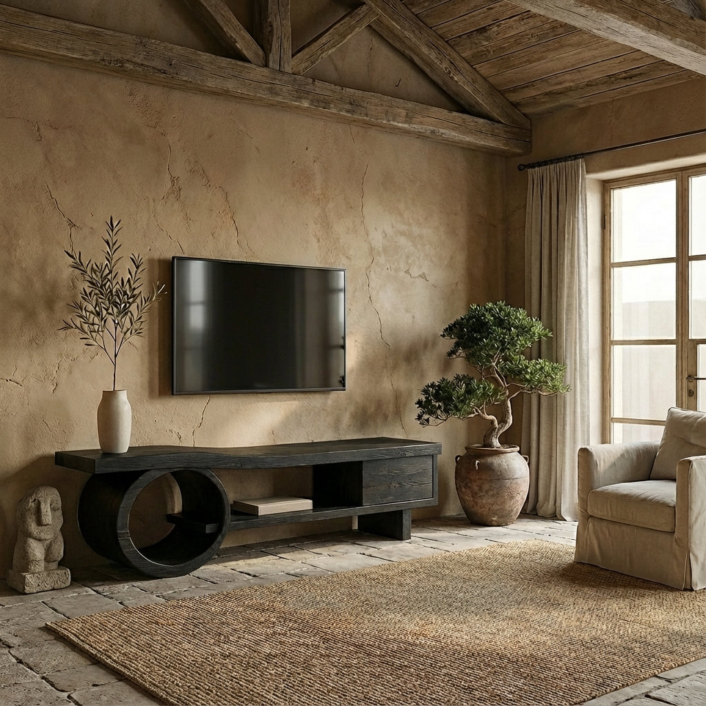Modern Solid Wood TV Console with Circular Base