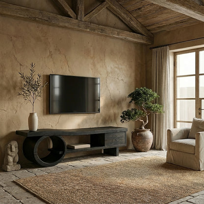 Modern Solid Wood TV Console with Circular Base
