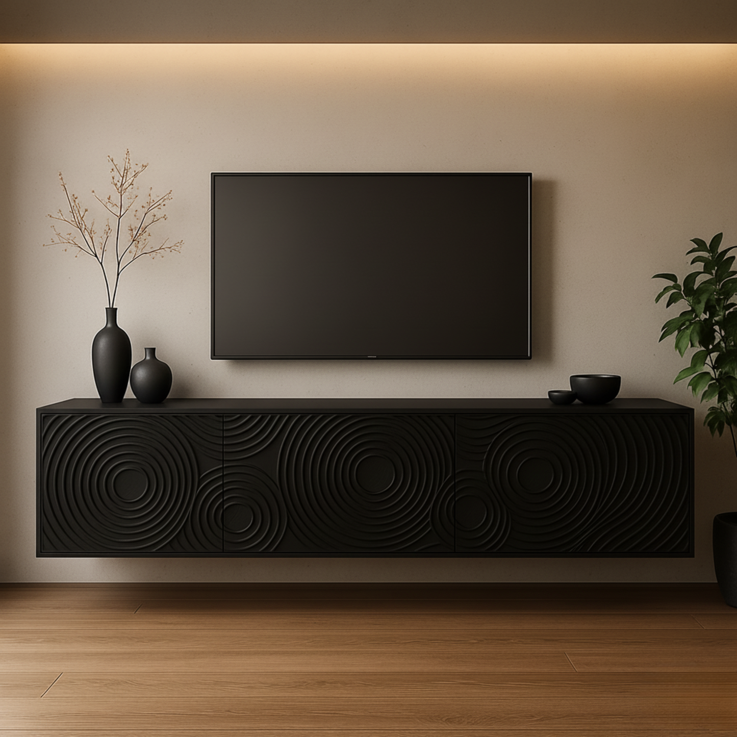 Luxury Floating TV Console with Ripple Carved Front