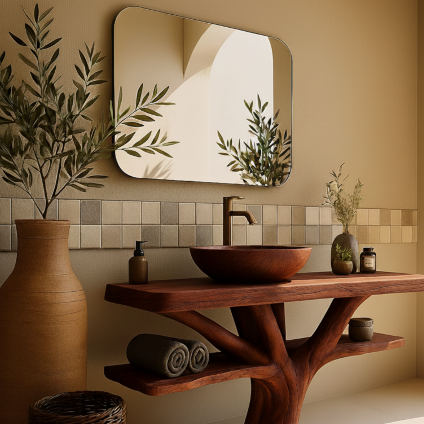 Handcrafted Solid Wood Bathroom Vanity with Tree-Root Base – Organic Modern Luxury Sink Console