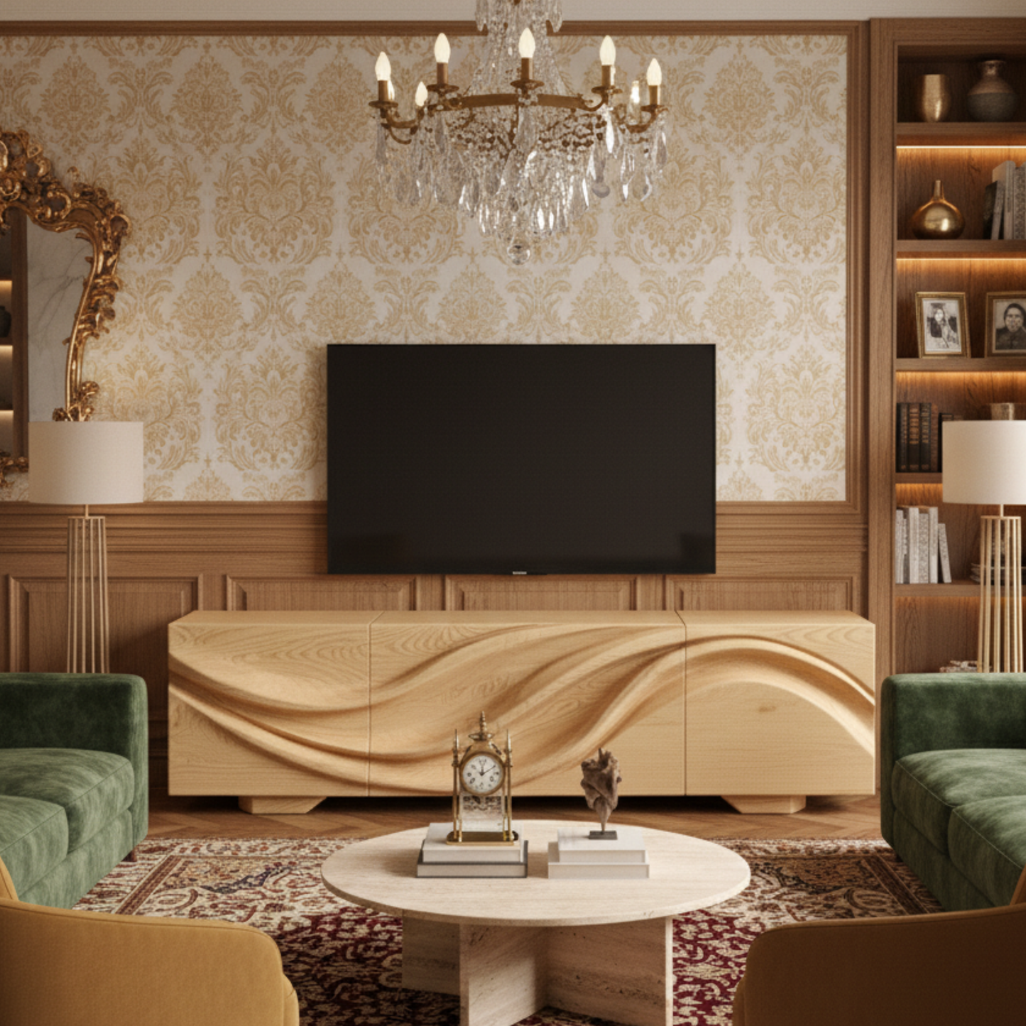 Wave-Pattern Solid Wood TV Console – Sculptural Media Cabinet