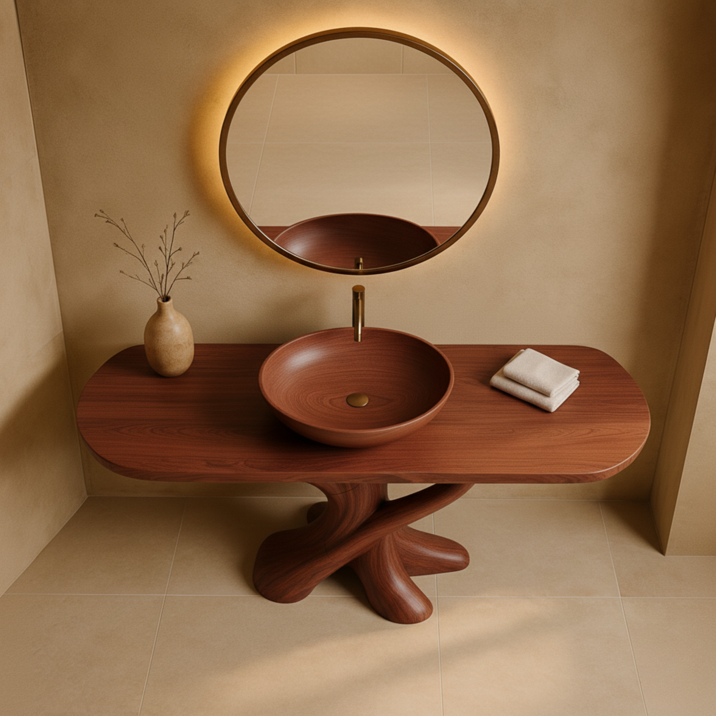 Solid Wood Bathroom Vanity with Sculptural Intertwined Base