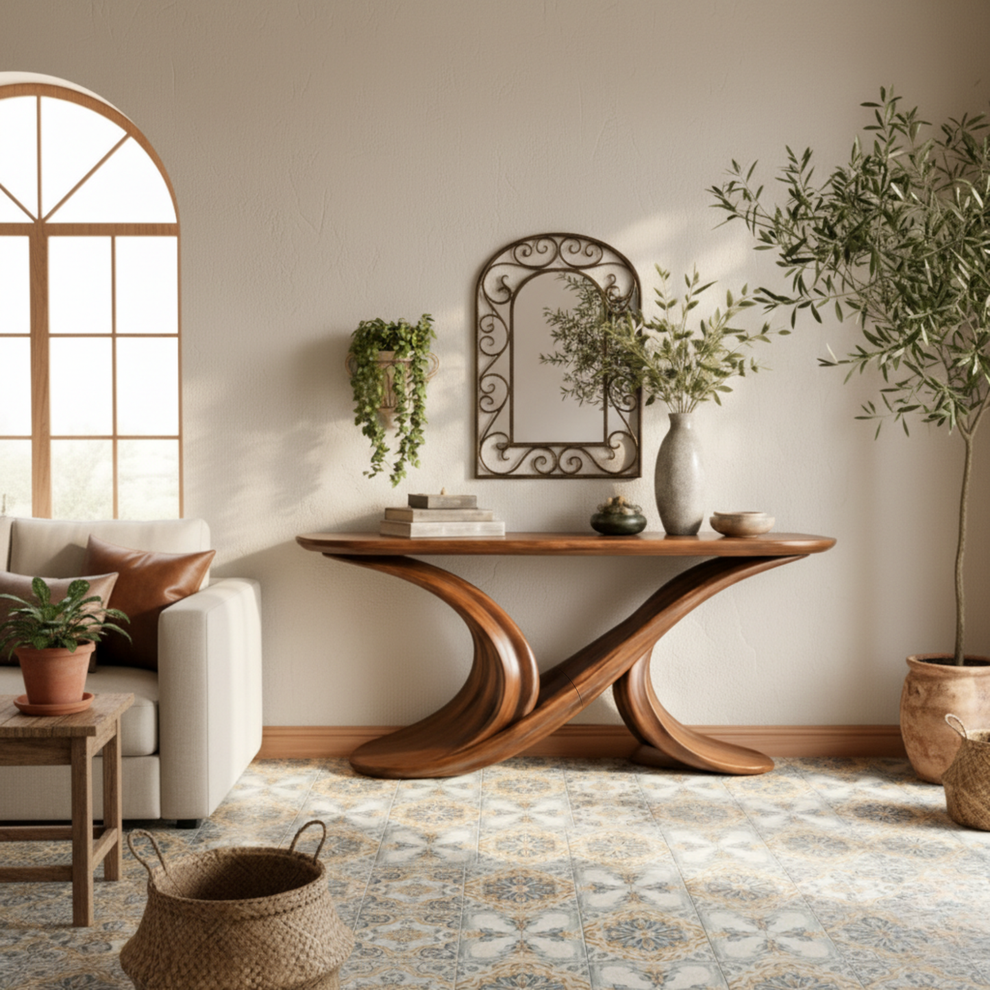 Sculptural Solid Wood Console Table – Dual Flow Curved Base