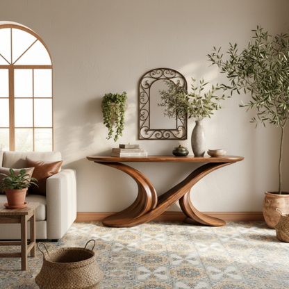 Sculptural Solid Wood Console Table – Dual Flow Curved Base