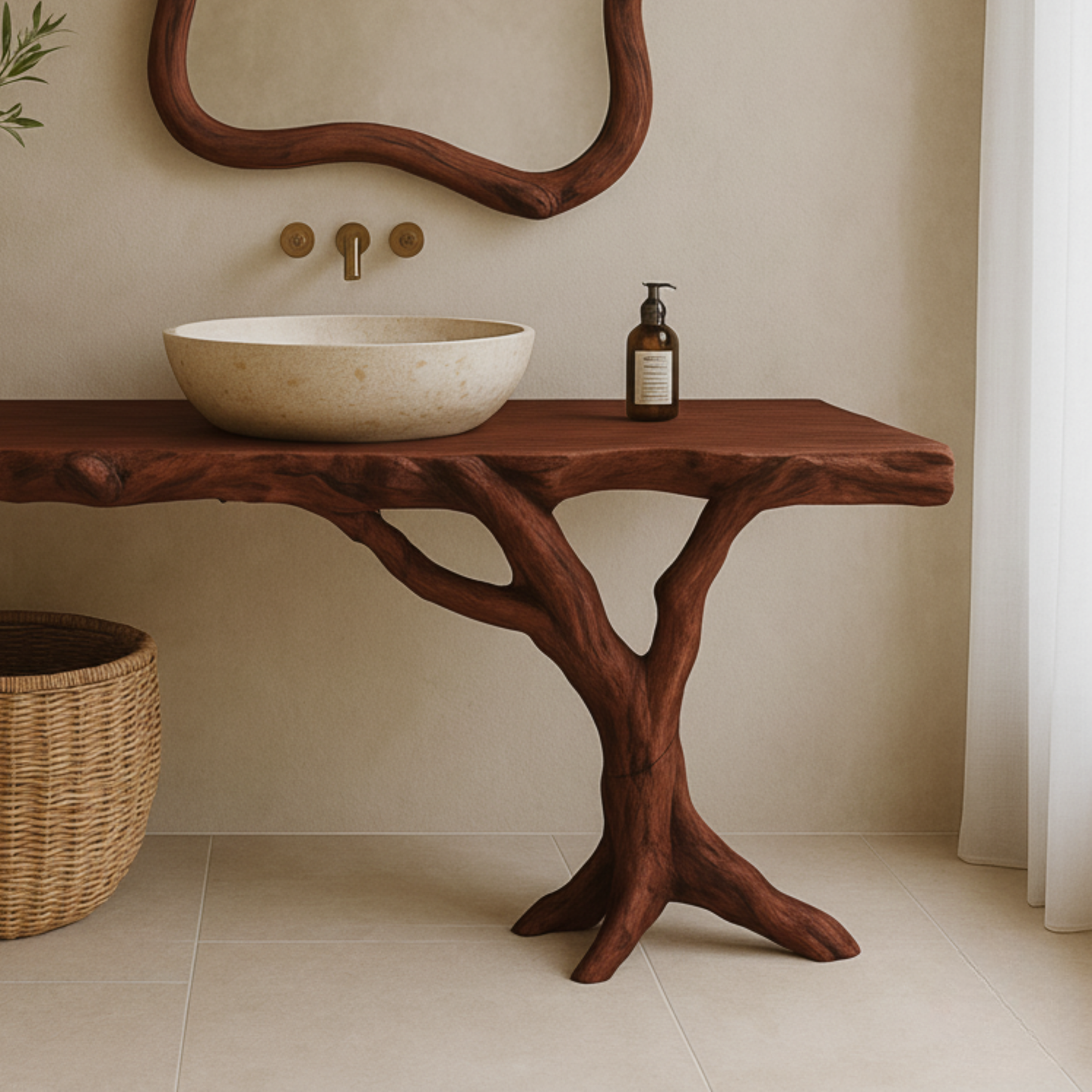 Live-Edge Solid Wood Bathroom Vanity with Natural Tree-Branch Base