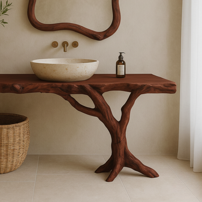 Live-Edge Solid Wood Bathroom Vanity with Natural Tree-Branch Base