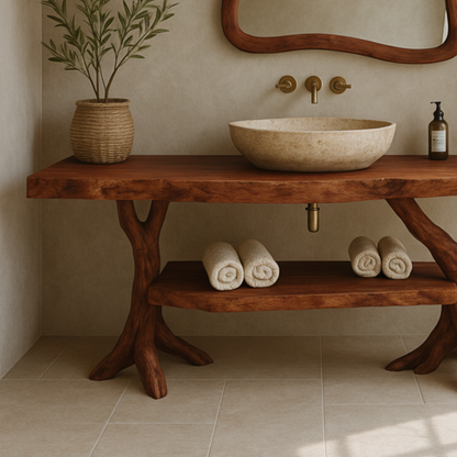 Organic Live-Edge Solid Wood Bathroom Vanity with Sculptural Tree Trunk