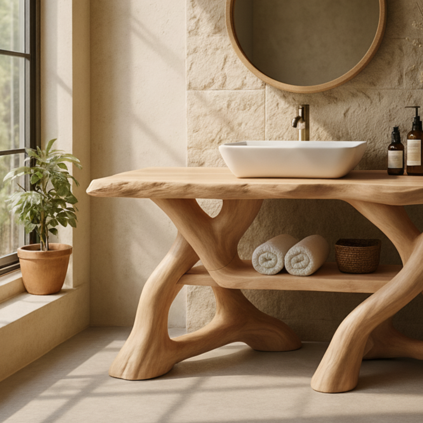 Handcrafted Solid Wood Bathroom Vanity with Sculptural Interwoven Base