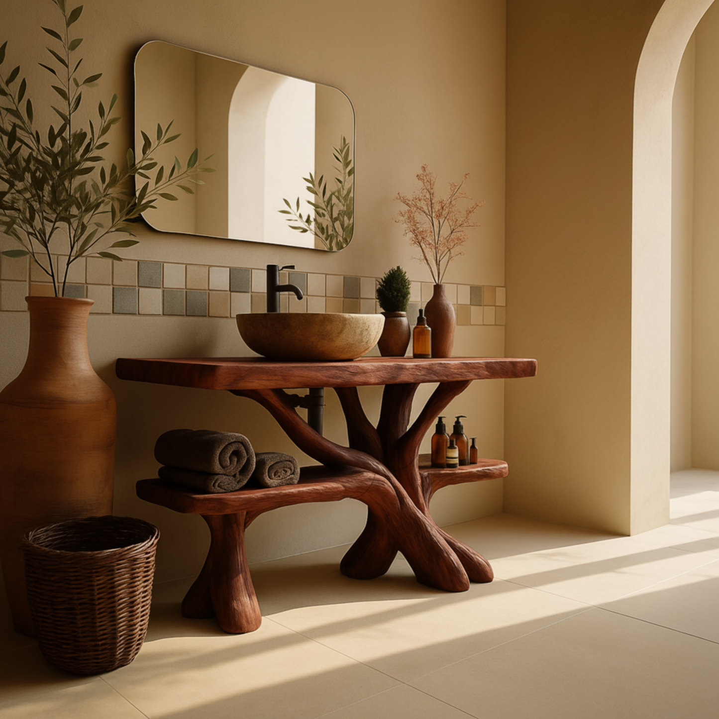Rustic Luxury Wood Bathroom Vanity with Tree-Root Design