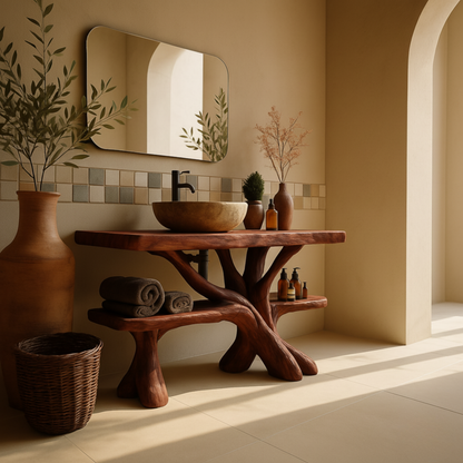 Rustic Luxury Wood Bathroom Vanity with Tree-Root Design