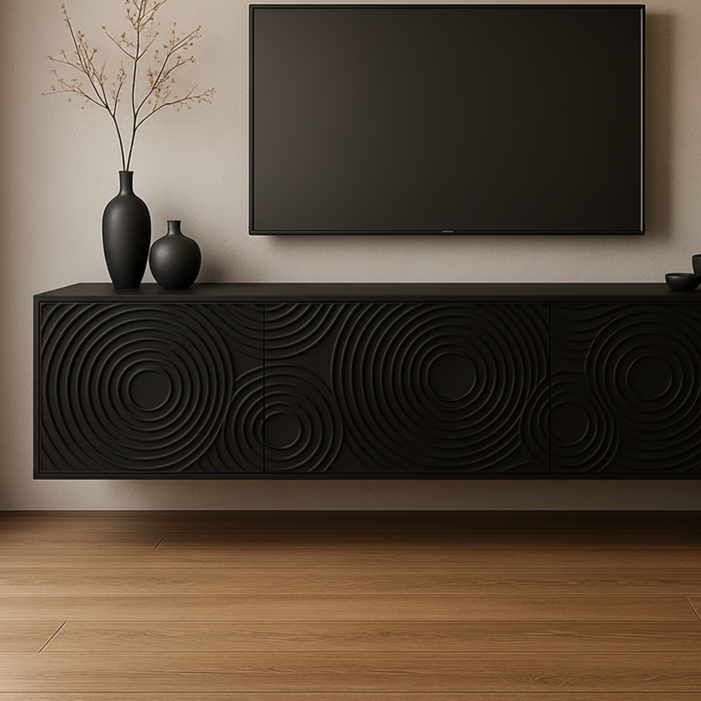 Luxury Floating TV Console with Ripple Carved Front