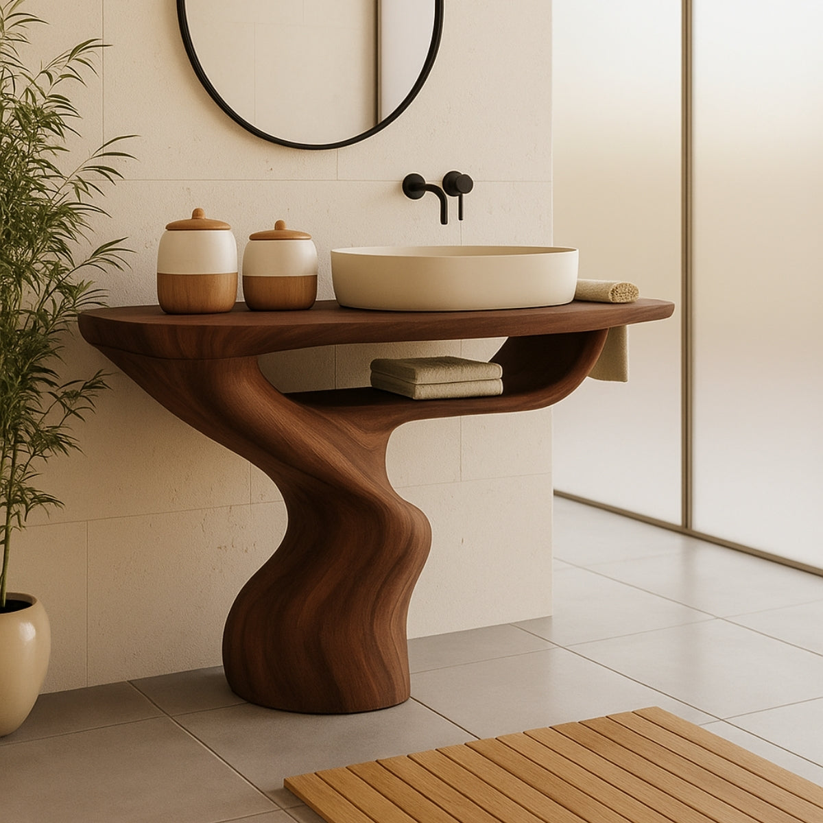 Organic Modern Solid Wood Bathroom Vanity with Sculpted Pedestal Base