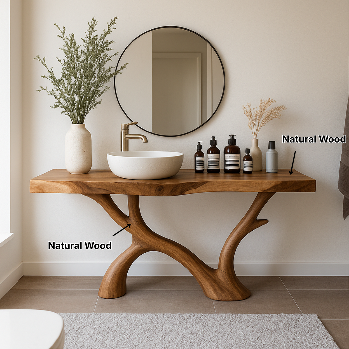 Organic Modern Solid Wood Bathroom Vanity with Sculpted Branch-Form Base