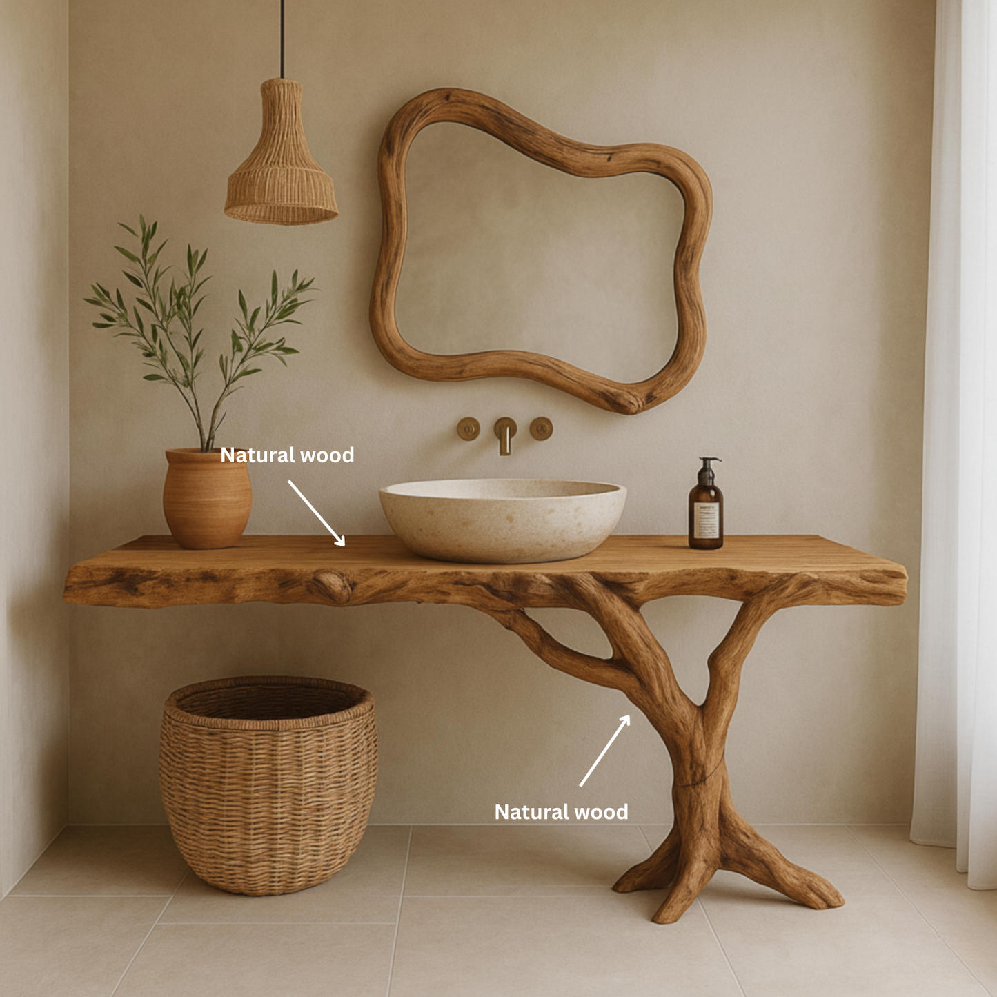Live-Edge Solid Wood Bathroom Vanity with Natural Tree-Branch Base
