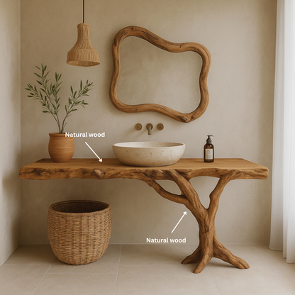 Live-Edge Solid Wood Bathroom Vanity with Natural Tree-Branch Base