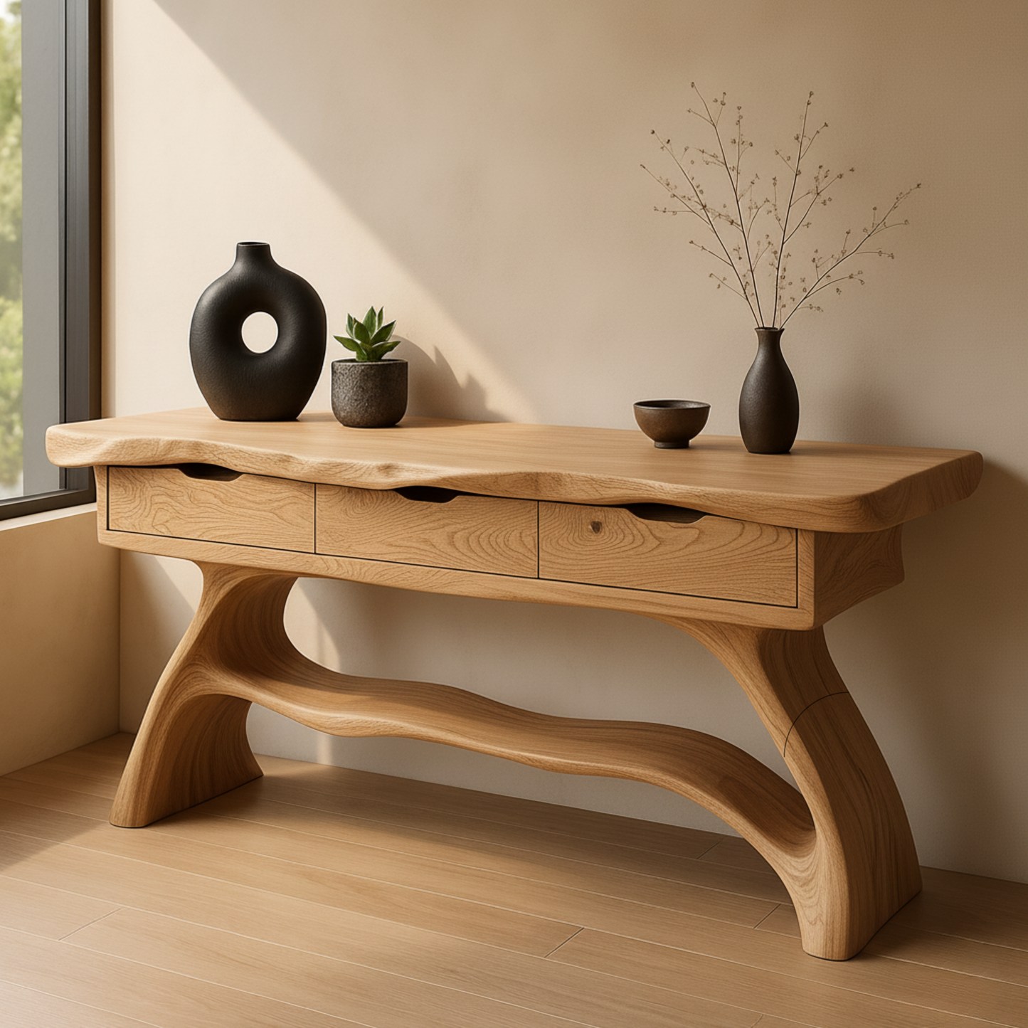 Luxury Live Edge Console Table – Handmade Solid Wood Console with Sculptural Design