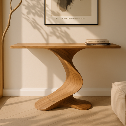Organic Modern Solid Wood Console Table Featuring a Sculpted S-Curve Base