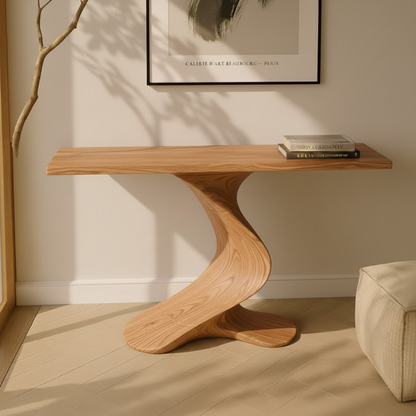 Organic Modern Solid Wood Console Table Featuring a Sculpted S-Curve Base