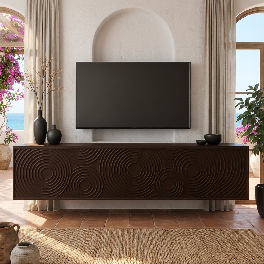 Luxury Floating TV Console with Ripple Carved Front