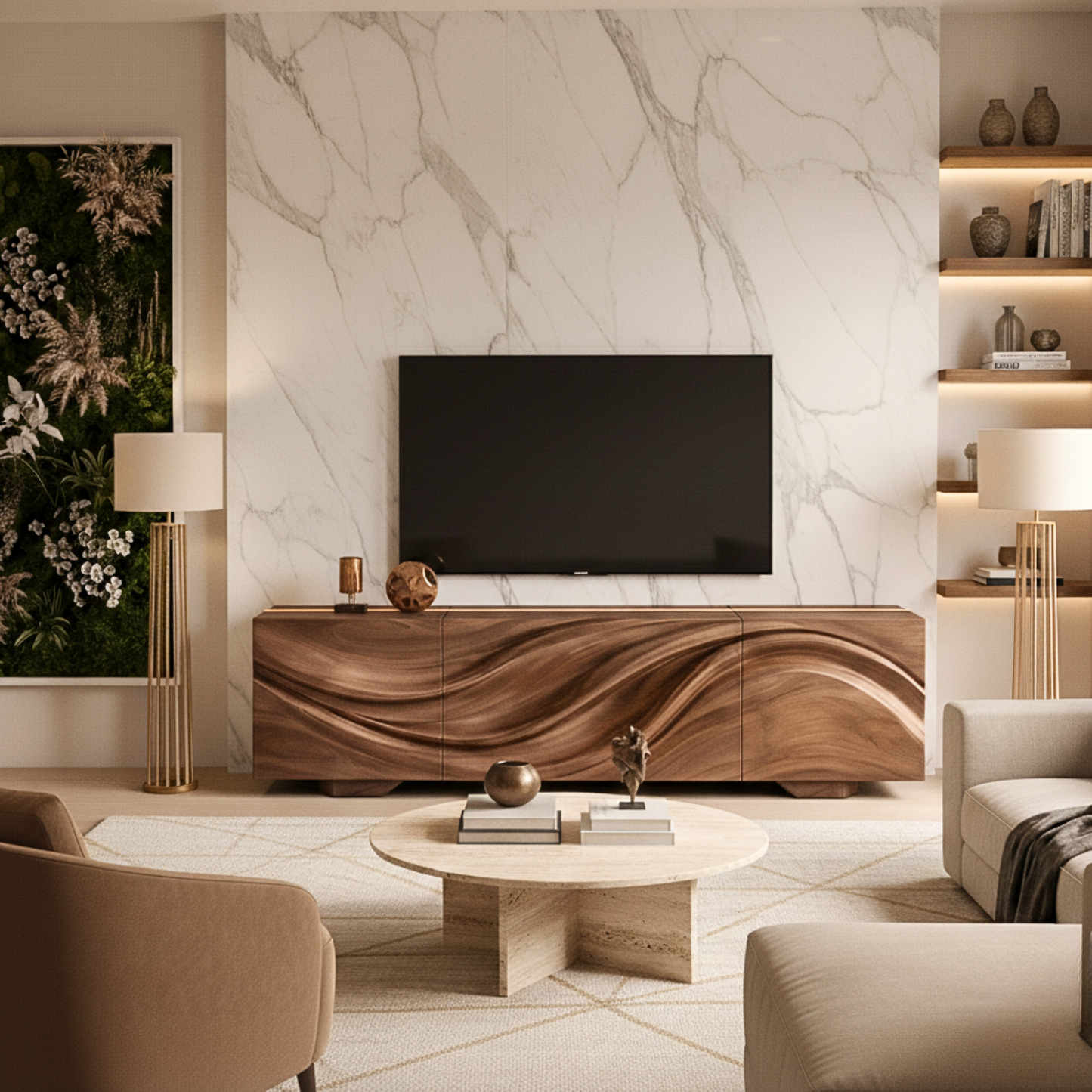 Wave-Pattern Solid Wood TV Console – Sculptural Media Cabinet