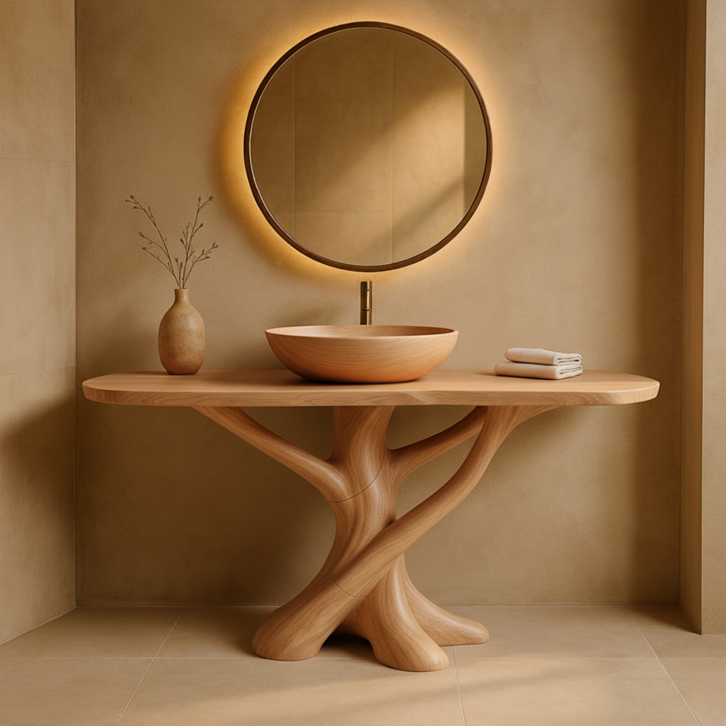 Solid Wood Bathroom Vanity with Sculptural Intertwined Base