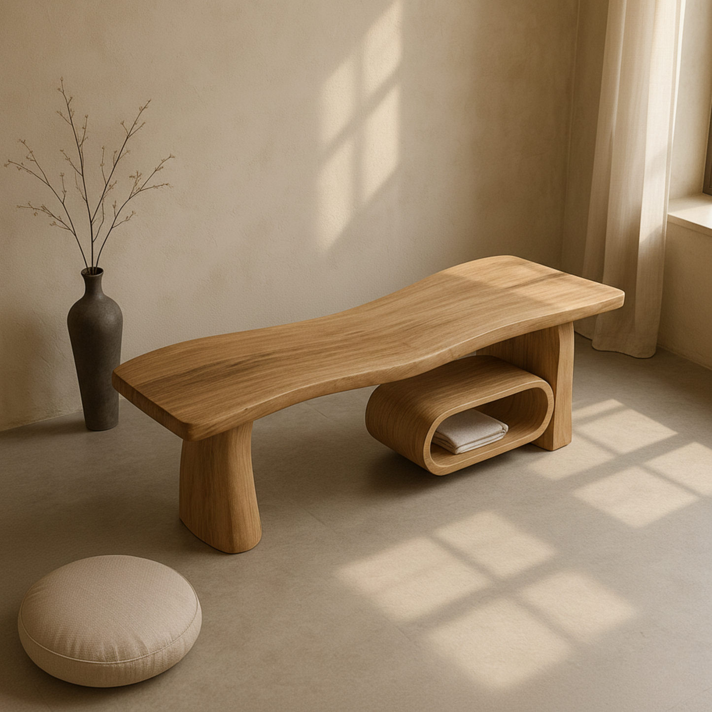 Sculptural Wood Bench for Entryway & Living Room
