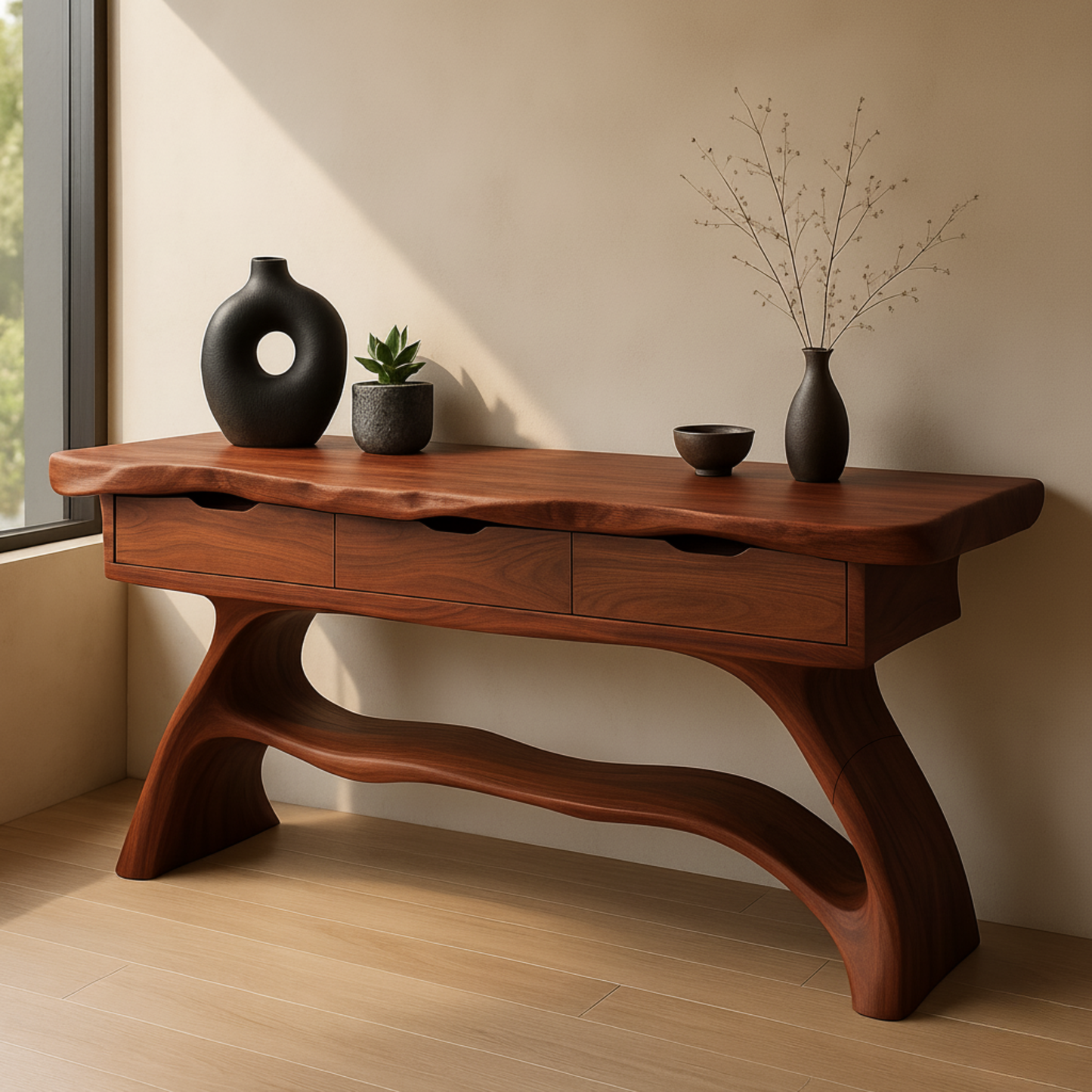 Luxury Live Edge Console Table – Handmade Solid Wood Console with Sculptural Design