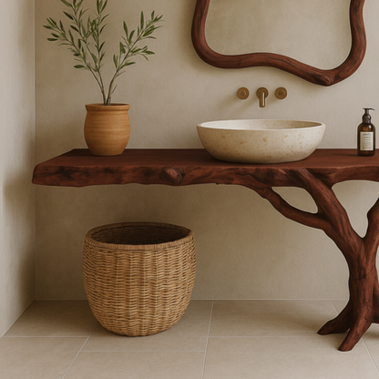 Live-Edge Solid Wood Bathroom Vanity with Natural Tree-Branch Base