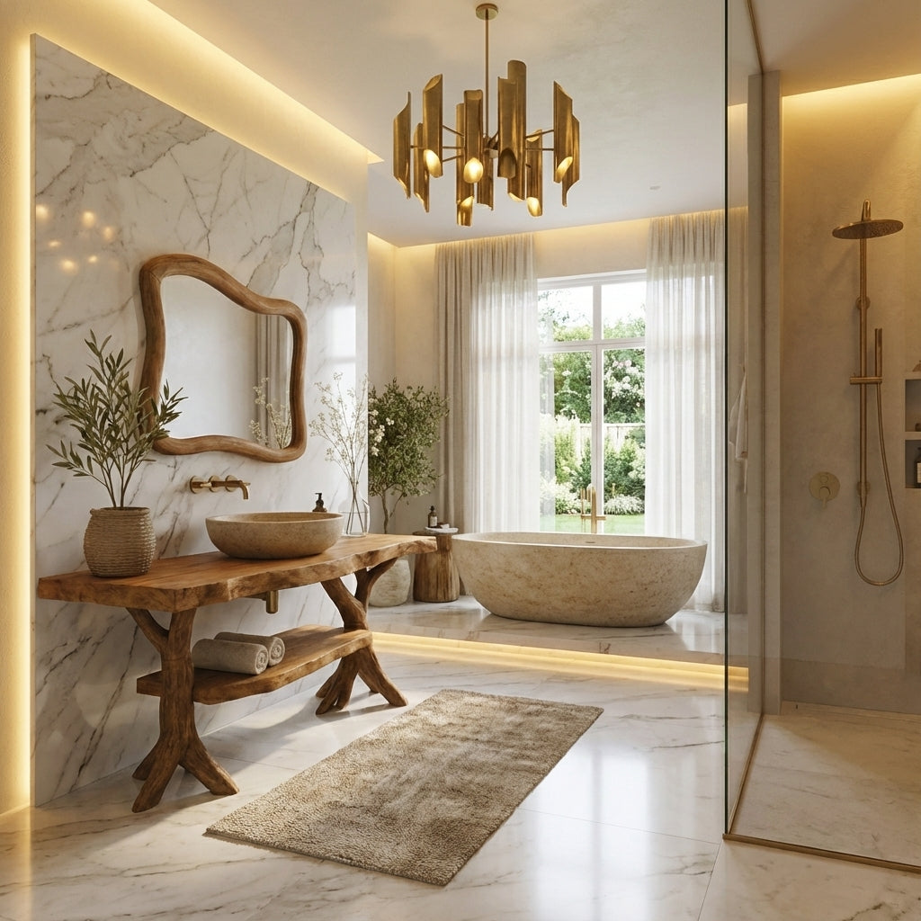 Organic Live-Edge Solid Wood Bathroom Vanity with Sculptural Tree Trunk