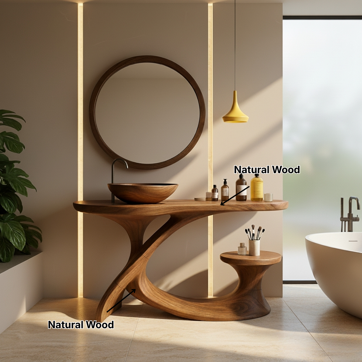 Organic Modern Solid Wood Bathroom Vanity with Sculpted Cross-Flow Base and Integrated Side Console