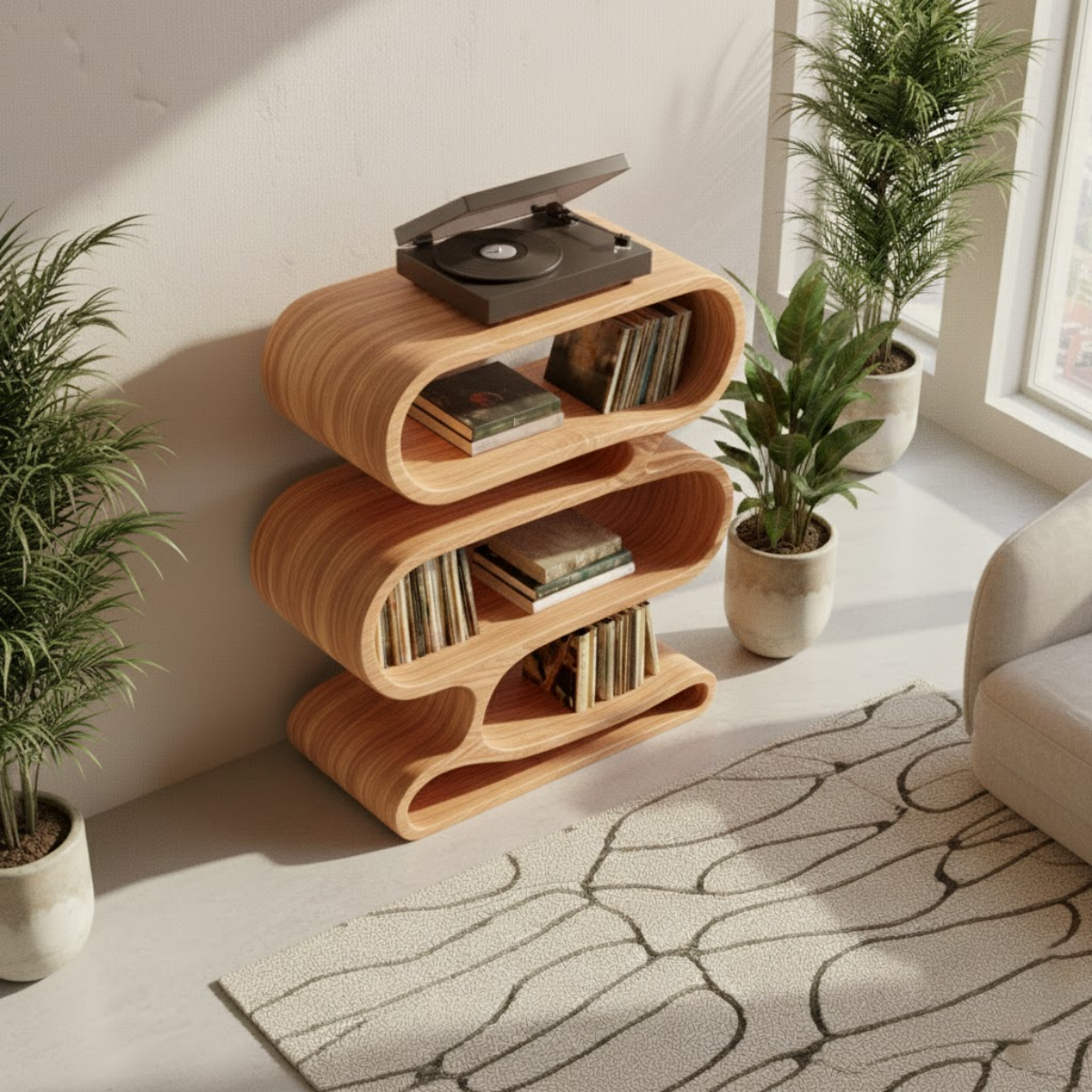 Organic Loop-Form Solid Wood Turntable Cabinet with Layered Vinyl Storage