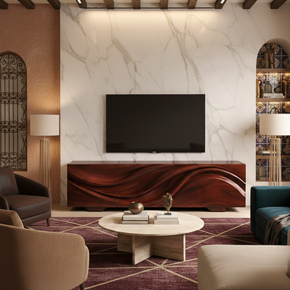 Wave-Pattern Solid Wood TV Console – Sculptural Media Cabinet