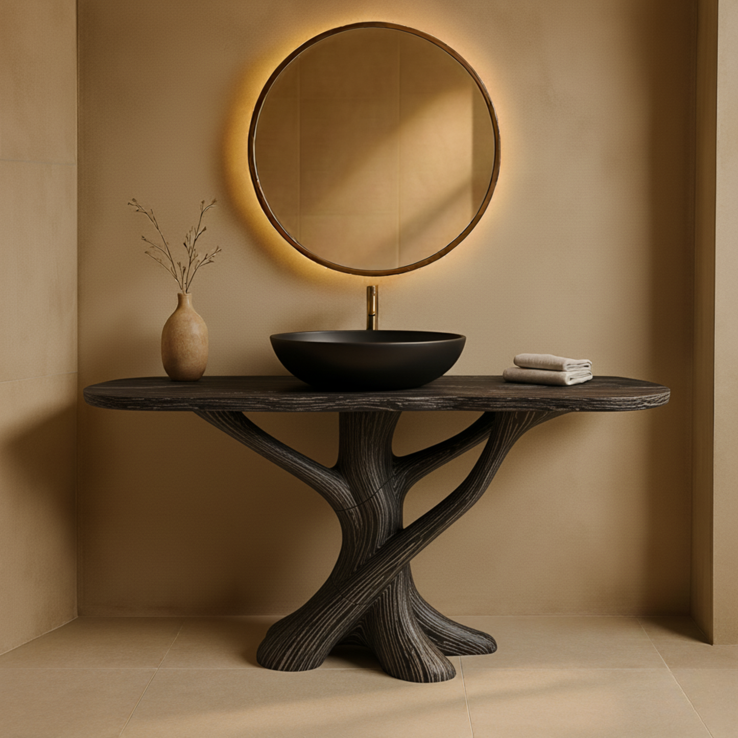 Solid Wood Bathroom Vanity with Sculptural Intertwined Base