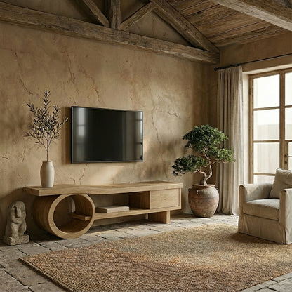 Modern Solid Wood TV Console with Circular Base