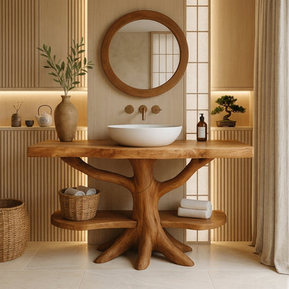 Handcrafted Solid Wood Vanity with Root Base & Shelves