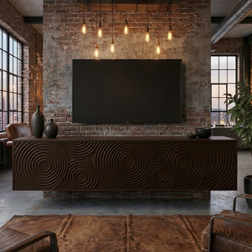 Luxury Floating TV Console with Ripple Carved Front