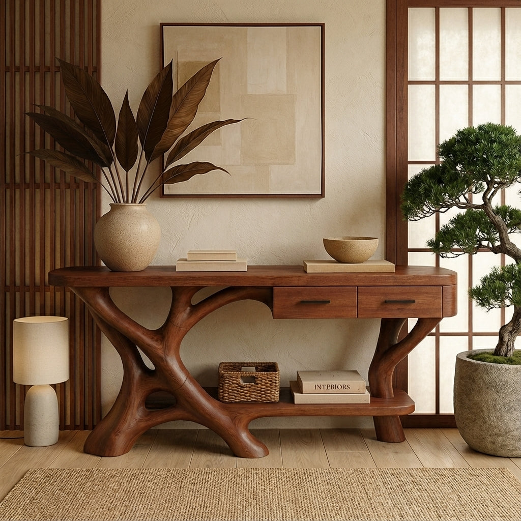 Luxury Natural Wood Console Table with Artistic Root Base Design