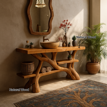 Organic Modern Solid Wood Bathroom Vanity with Hand-Sculpted Tree-Branch Base