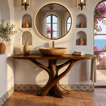 Solid Wood Bathroom Vanity with Sculptural Intertwined Base