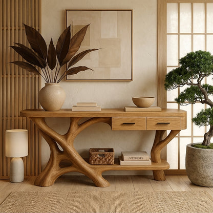Luxury Natural Wood Console Table with Artistic Root Base Design